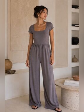 Cider Ribbed Wide Leg Jumpsuit XL Purple Grey Square Neck Lounge Romper
